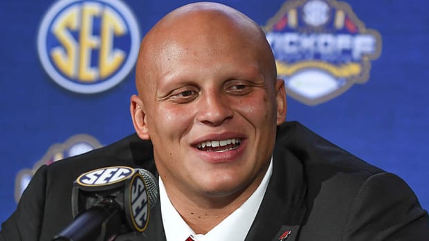 Arkansas defensive end Landon Jackson speaks at SEC Media Days in Nashville.